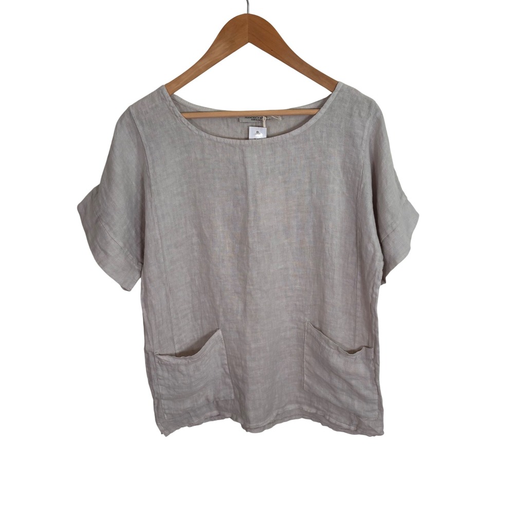 Francesca Bettini Linen Shirt Sz L Beige Sand Short Sleeve Pockets New